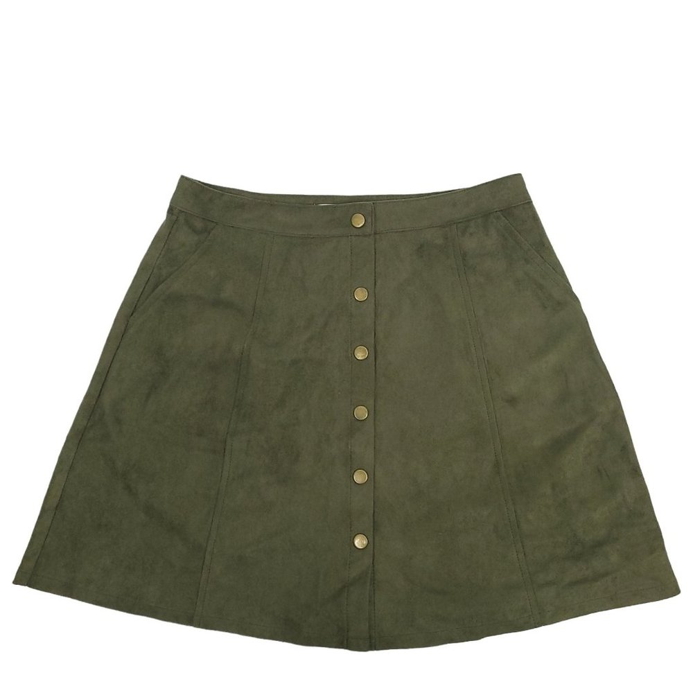Andree By Unit Faux Suede Skirt Womens Size M 6 Snap Button Slash Pockets Lined